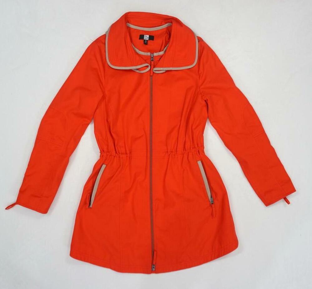 SAKS 5TH AVENUE USED WOMEN XS ORANGE TRENCH COAT LEATHER TRIM/PEACOAT